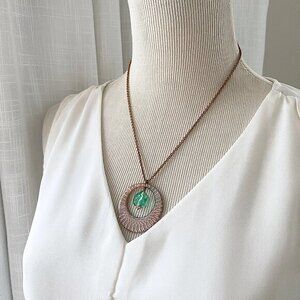 Round Copper Textured Pendant, Green Faceted Glass Bead, Resin Coated Necklace